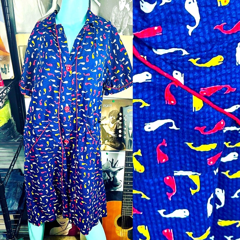 💙RARE 1960’s WHALE MOD RETRO WAFFLE COTTON POCKET DRESS L-XL NAUTICAL AMERICA